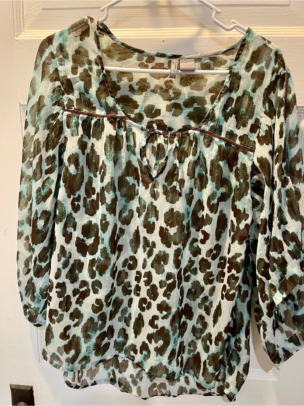 Teal Leopard-Print Peasant Blouse, Lightweight, Boho, Large